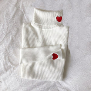 Winter Korean Women Sweater Heart Embroidery Turtleneck Long Sleeves Sweaters Women Knitted Pullovers Female Elastic Tops