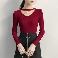 Load image into Gallery viewer, AOSSVIAO V Neck Sweaters Women 2019 Autumn Winter Long Sleeve Sexy Slim Tops Solid Streetwear Knitted Korean Pullover Burgundy