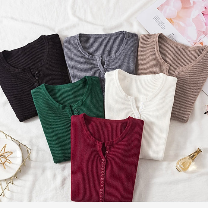AOSSVIAO 2019 Autumn Winter Button V Neck Sweater Women Basic Slim Pullover Women Sweaters And Pullovers Knit Jumper Ladies Tops