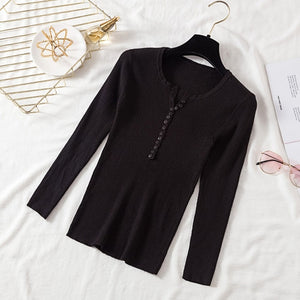 AOSSVIAO 2019 Autumn Winter Button V Neck Sweater Women Basic Slim Pullover Women Sweaters And Pullovers Knit Jumper Ladies Tops
