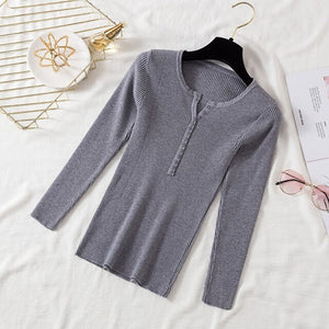 AOSSVIAO 2019 Autumn Winter Button V Neck Sweater Women Basic Slim Pullover Women Sweaters And Pullovers Knit Jumper Ladies Tops