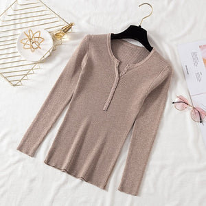 AOSSVIAO 2019 Autumn Winter Button V Neck Sweater Women Basic Slim Pullover Women Sweaters And Pullovers Knit Jumper Ladies Tops
