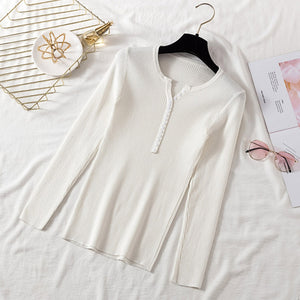 AOSSVIAO 2019 Autumn Winter Button V Neck Sweater Women Basic Slim Pullover Women Sweaters And Pullovers Knit Jumper Ladies Tops