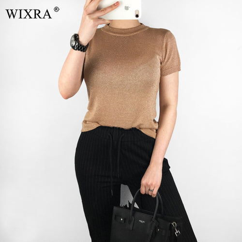Wixra Women Spring All base Match Short Sleeve Sweater O-Neck Soft Slim Elasticity Pullovers Solid Color Summer Womens Clothing