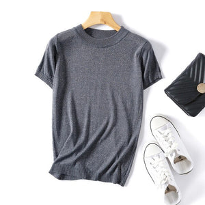 Wixra Women Spring All base Match Short Sleeve Sweater O-Neck Soft Slim Elasticity Pullovers Solid Color Summer Womens Clothing