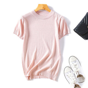 Wixra Women Spring All base Match Short Sleeve Sweater O-Neck Soft Slim Elasticity Pullovers Solid Color Summer Womens Clothing