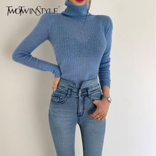 Load image into Gallery viewer, TWOTWINSTYLE White Korean Knitted Sweater For Women Turtleneck Long Sleeve Autumn Slim Pullover Female Clothing Fashion New 2019