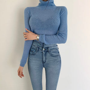 TWOTWINSTYLE White Korean Knitted Sweater For Women Turtleneck Long Sleeve Autumn Slim Pullover Female Clothing Fashion New 2019
