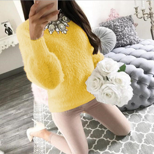 Pullover Fluffy Sweaters Yellow White Long Sleeve Sexy O Neck Fleece Sweater Women Plus Size Casual Thin  Pull Femme Hiver
