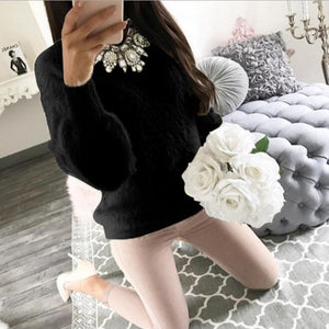 Pullover Fluffy Sweaters Yellow White Long Sleeve Sexy O Neck Fleece Sweater Women Plus Size Casual Thin  Pull Femme Hiver