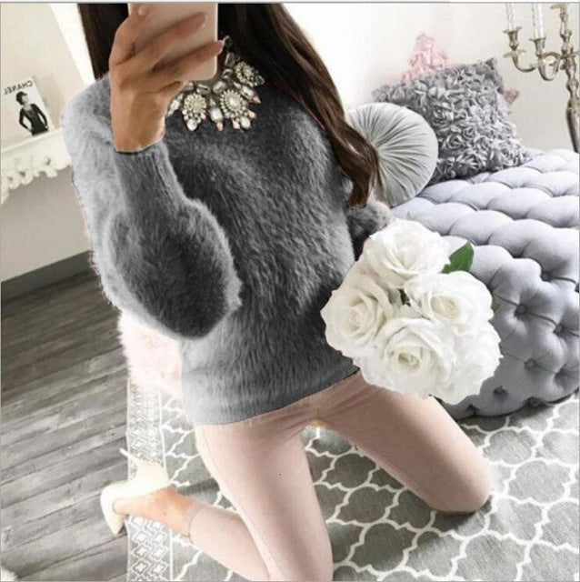 Pullover Fluffy Sweaters Yellow White Long Sleeve Sexy O Neck Fleece Sweater Women Plus Size Casual Thin  Pull Femme Hiver