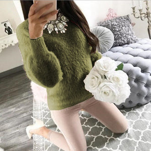 Pullover Fluffy Sweaters Yellow White Long Sleeve Sexy O Neck Fleece Sweater Women Plus Size Casual Thin  Pull Femme Hiver