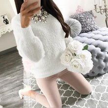 Load image into Gallery viewer, Pullover Fluffy Sweaters Yellow White Long Sleeve Sexy O Neck Fleece Sweater Women Plus Size Casual Thin  Pull Femme Hiver