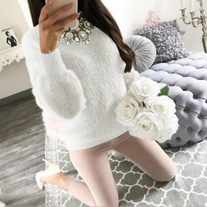 Pullover Fluffy Sweaters Yellow White Long Sleeve Sexy O Neck Fleece Sweater Women Plus Size Casual Thin  Pull Femme Hiver