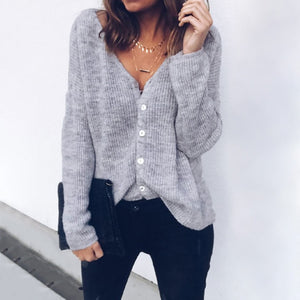 Button Soft Autumn Loose Daily Long Sleeve Solid Fashion Winter V Neck Women Knit Sweater Casual Party Spring