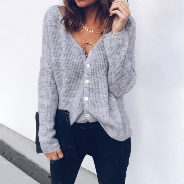 Button Soft Autumn Loose Daily Long Sleeve Solid Fashion Winter V Neck Women Knit Sweater Casual Party Spring