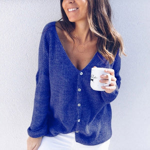 Button Soft Autumn Loose Daily Long Sleeve Solid Fashion Winter V Neck Women Knit Sweater Casual Party Spring