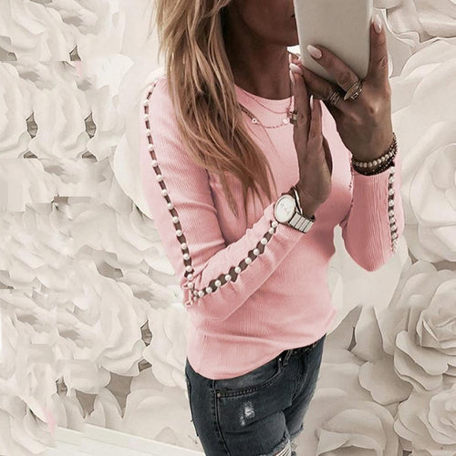 Elegant Pearl Nail Bead Long Sleeve Pink Knit Sweaters Women Invierno 2019 O Neck Hollow out Pullovers Black Grey Ladies Tops