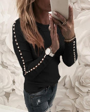 Load image into Gallery viewer, Elegant Pearl Nail Bead Long Sleeve Pink Knit Sweaters Women Invierno 2019 O Neck Hollow out Pullovers Black Grey Ladies Tops