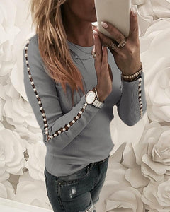 Elegant Pearl Nail Bead Long Sleeve Pink Knit Sweaters Women Invierno 2019 O Neck Hollow out Pullovers Black Grey Ladies Tops