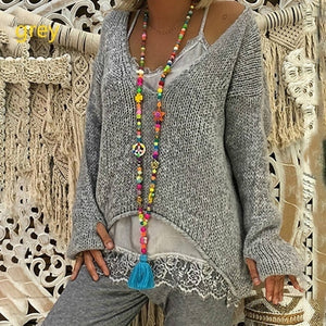 Autumn Women Knitting Sweaters Pullovers For Female Clothes Tops Korean Style V-Neck Irregular Casual Loose Sweater