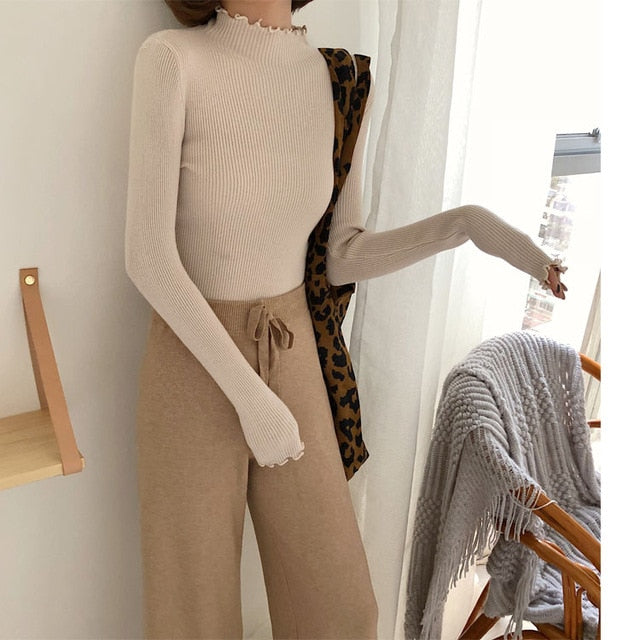 New Ruffled Turtleneck Sweater Women 2019 Autumn Winter Fashion Sweater High Elastic Slim Knit Pullover Female Jumper Pull Femme