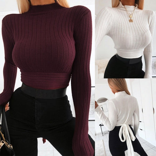 Women Sweater Female Autumn Winter Sexy High Collar Short Tie Knot Solid Color Slim Long-Sleeved Lace Up Bottom Sweater W and R