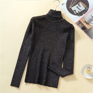 Woherb Shiny Lurex Autumn Winter Turtleneck Sweater Women Pullover Jumper Basic Sweaters 2020 Korean Style Stretch Knit Tops