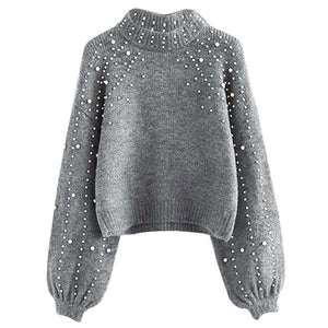 Winter Knitted Sweater Women Faux Pearl Turtleneck Lantern Sleeve Loose Gray Pullover Female Soft Warm Casual Jumper
