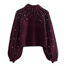 Load image into Gallery viewer, Winter Knitted Sweater Women Faux Pearl Turtleneck Lantern Sleeve Loose Gray Pullover Female Soft Warm Casual Jumper