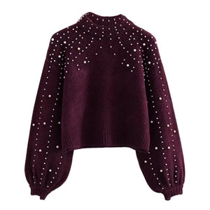 Winter Knitted Sweater Women Faux Pearl Turtleneck Lantern Sleeve Loose Gray Pullover Female Soft Warm Casual Jumper