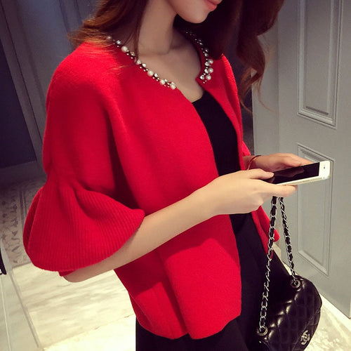 Short Cardigans Autumn Woman Coat 2019 Long Lantern Sleeve O-neck Knit Outwear Fashion Beading Red Woman Knitwear T6