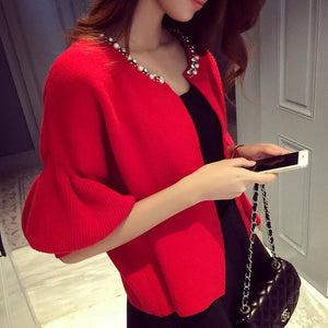 Short Cardigans Autumn Woman Coat 2019 Long Lantern Sleeve O-neck Knit Outwear Fashion Beading Red Woman Knitwear T6