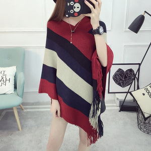 New Women Ladies Cape Coat Poncho Bohemian Striped Coat Winter Warm Tassel Shawls Poncho Knitted Shawl Cardigans Sweater Fashion