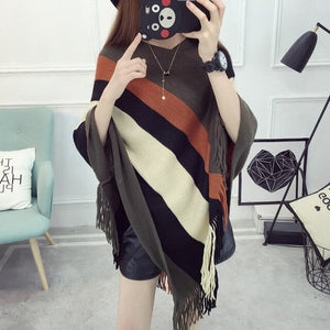 New Women Ladies Cape Coat Poncho Bohemian Striped Coat Winter Warm Tassel Shawls Poncho Knitted Shawl Cardigans Sweater Fashion