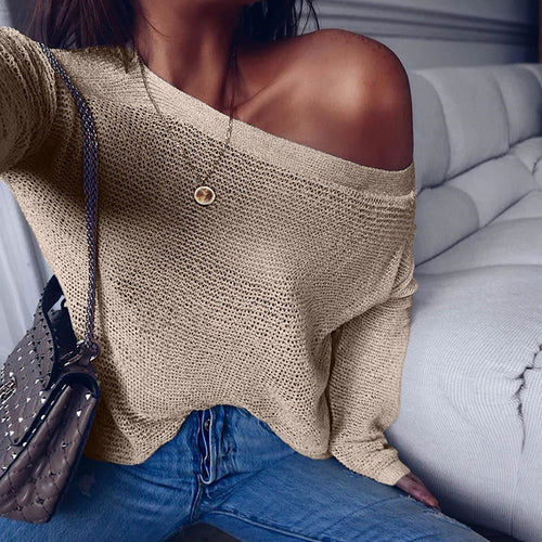 Womens Sweater Slash Neck Off Shoulder Knitted Pullover Spring Autumn Sweaters Loose Ladies Jumper 2019 New Arrival Knitwear