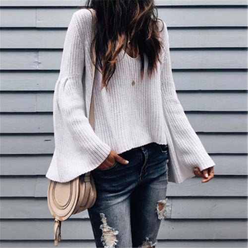 Women's Sweater Women Long Sleeve Sweater Flared Sleeve Pullover Jumper Solid Ladies Sweaters Vintage Womens Pullovers