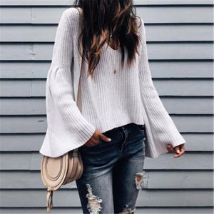Women's Sweater Women Long Sleeve Sweater Flared Sleeve Pullover Jumper Solid Ladies Sweaters Vintage Womens Pullovers