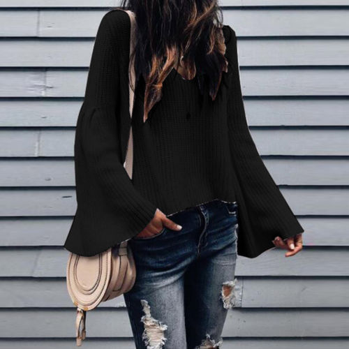 Women's Sweater Women Long Sleeve Sweater Flared Sleeve Pullover Jumper Solid Ladies Sweaters Vintage Womens Pullovers