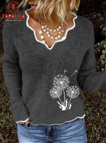 ZAPALISA Long Sleeve Winter Sweater Irregular  V Neck Solid Color Spliced Knit Pullovers Fashion Dandelion Embroidery Sweater