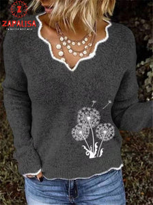 ZAPALISA Long Sleeve Winter Sweater Irregular  V Neck Solid Color Spliced Knit Pullovers Fashion Dandelion Embroidery Sweater