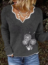 Load image into Gallery viewer, ZAPALISA Long Sleeve Winter Sweater Irregular  V Neck Solid Color Spliced Knit Pullovers Fashion Dandelion Embroidery Sweater