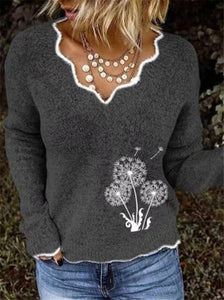 ZAPALISA Long Sleeve Winter Sweater Irregular  V Neck Solid Color Spliced Knit Pullovers Fashion Dandelion Embroidery Sweater