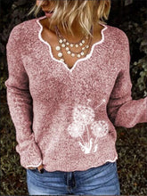 Load image into Gallery viewer, ZAPALISA Long Sleeve Winter Sweater Irregular  V Neck Solid Color Spliced Knit Pullovers Fashion Dandelion Embroidery Sweater