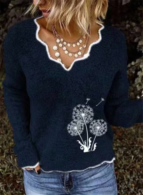ZAPALISA Long Sleeve Winter Sweater Irregular  V Neck Solid Color Spliced Knit Pullovers Fashion Dandelion Embroidery Sweater