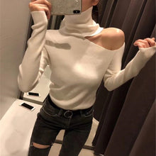 Load image into Gallery viewer, Knitted Sweater Off Shoulder Pullovers Sweater for Women Long Sleeve Turtleneck Female Jumper Black White Gray Sexy Clothing