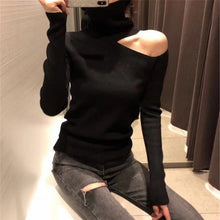 Load image into Gallery viewer, Knitted Sweater Off Shoulder Pullovers Sweater for Women Long Sleeve Turtleneck Female Jumper Black White Gray Sexy Clothing