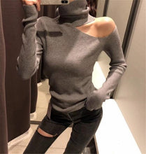 Load image into Gallery viewer, Knitted Sweater Off Shoulder Pullovers Sweater for Women Long Sleeve Turtleneck Female Jumper Black White Gray Sexy Clothing