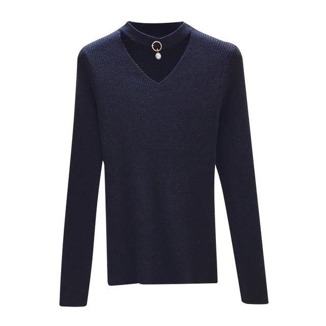Korean Sweaters For Women Basic High Elastic Knitted Sweater Woman Sexy V-Neck Pullovers Long Sleeve Slim Pull Femme 2018 GKFNMT