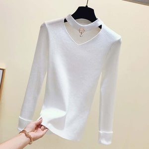 Korean Sweaters For Women Basic High Elastic Knitted Sweater Woman Sexy V-Neck Pullovers Long Sleeve Slim Pull Femme 2018 GKFNMT
